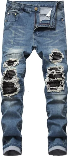 QIMYUM Jeans ajustados para hombre, jeans ajustados rasgados para hombre, jeans de motociclista, elásticos, pantalones de mezclilla de Moto Cargo