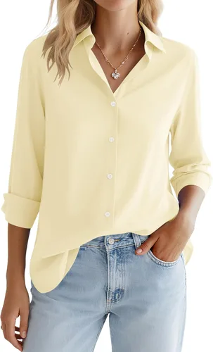 LOMON Camisa de Botones para Mujer Tops de Primavera Verano Manga Larga Negocios Elegante Casual Blusas con Cuello Conjuntos de Trabajo Ropa
