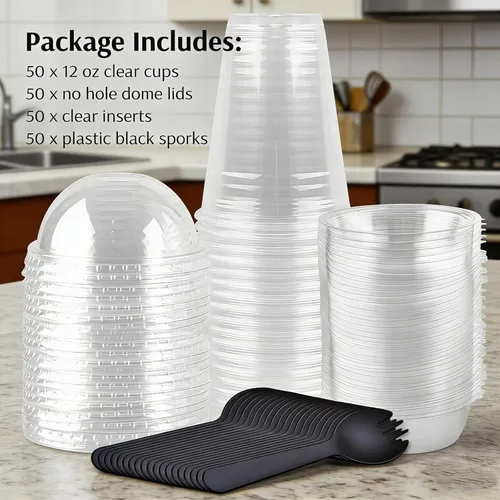 Miniatura 3 de Zezzxu Paquete de 50 tazas desechables de parfait de 12 onzas con tapas de cúpula sin agujero, compartimento para coberturas y tenedor, conatiner