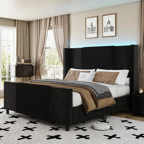 Lihimte Marco de cama tamaño Queen con cabecera alta y estribo, marco de cama tapizado en bouclé y corduroy con luces LED, marco de cama de Negro