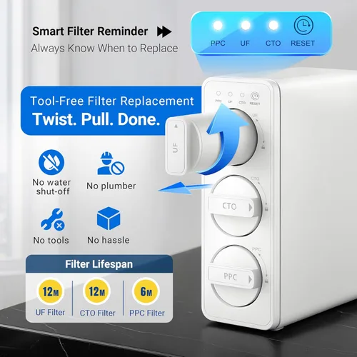 Miniatura 8 de LCF 0.01μm Ultra-filtración debajo del fregadero Sistema de filtro de agua, purificador de agua mineral alcalino de 3 etapas, grifo LED UV-C