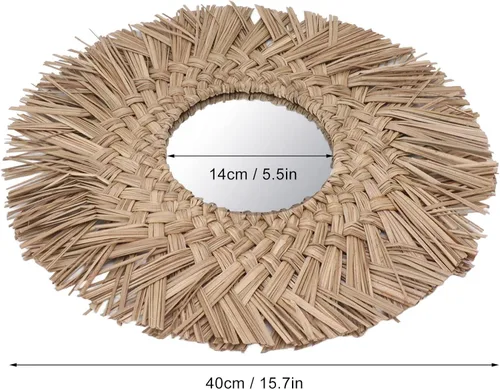 Miniatura 7 de Pssopp Espejo de pared de tejido de paja, espejo de decoración de pared, imágenes HD, hermoso retro, fácil de colgar, decorativo para baño (natural)