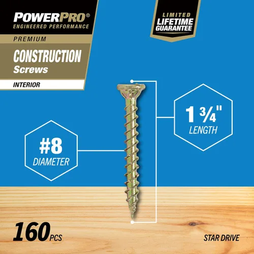 Miniatura 4 de Power Pro 48587 Tornillos de madera, #8 x 3.8 cm, tornillos premium Star Drive para gabinetes interiores, zinc amarillo dorado, paquete de 5 libras