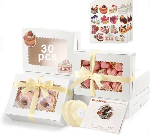Miniatura 9 de OAMCEG Paquete de 30 cajas de galletas con ventana, 8 x 6 x 2.5 pulgadas, cajas de panadería para regalos de Navidad, postres, donas, pasteles