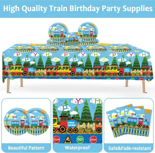 Miniatura 3 de Juego de 61 piezas de vajilla de fiesta de tren de tren de Chugga Choo, platos de automóvil de dibujos animados, servilletas y mantel, suministros