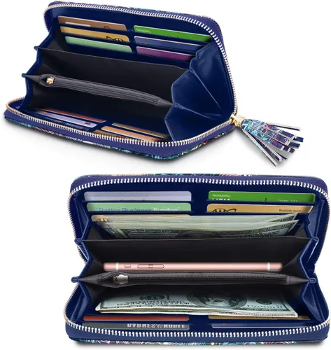 Miniatura 3 de Carteras para mujer, de piel sintética, tarjetero organizador con borla y correa de muñeca, Mándala, Casual