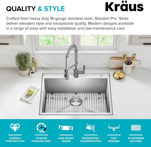 Miniatura 3 de KRAUS Standart PRO KHT300-28 - Fregadero de cocina de acero inoxidable de 28 pulgadas, calibre 16, cuenco individual de 2 agujeros, de acero