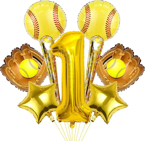Miniatura 9 de 9 globos de sóftbol – Globos de papel de aluminio Mylar con número de cumpleaños de sóftbol – Suministros y decoraciones para fiestas (8vo)