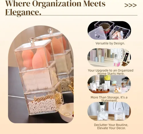 Miniatura 3 de Soporte cuadrado apilable de bolas de algodón acrílico, soporte para Q-tip Dispensador de hisopos de baño (paquete de 3)