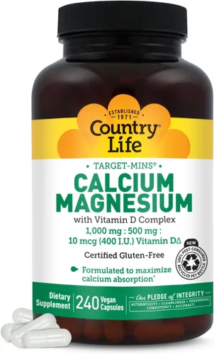 Miniatura 9 de Country Life Target-Mins - Calcio y magnesio con complejo de vitamina D, 1000 mg/500 mg/10 mcg, 120 cápsulas veganas, certificado sin gluten