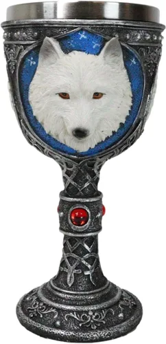 Ebros Gift Gran celta mágica Knotwork Alpha Direwolf White Snow Wolf 8oz cáliz de copa de vino con forro de acero inoxidable Figura de taza para