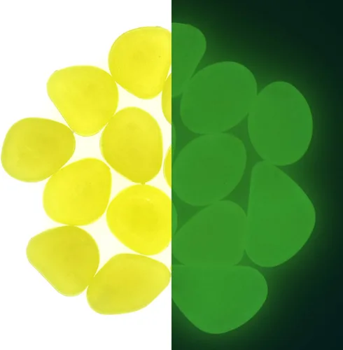 Miniatura 4 de QTTLLI 450 piedras brillantes que brillan en la oscuridad, piedras decorativas para jardín, camino, pasarela, patio, pecera, color amarillo