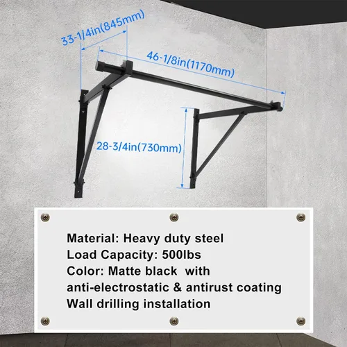 Miniatura 3 de Barra de pull up para montar en la pared, 50 pulgadas, para ejercitar, 500 libras