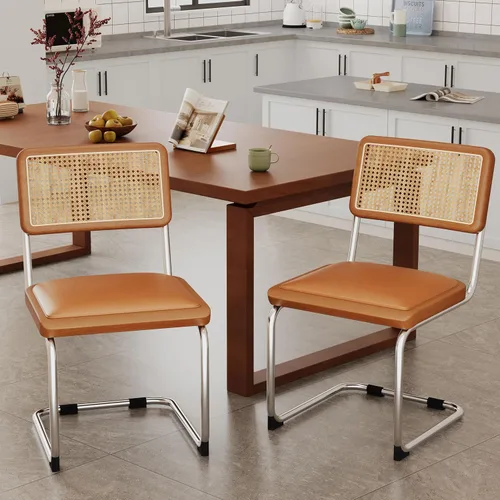 Miniatura 13 de Alunaune Juego de 2 sillas de comedor modernas de mediados de siglo, sillas de cocina tapizadas de ratán natural, sillas laterales sin brazos