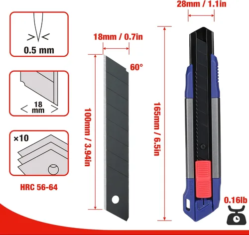 Miniatura 7 de WORKPRO Cuchillo Utilitario Retráctil de 18mm, Cortador de Caja de Alta Resistencia con 10 Piezas de Cuchillas SK5 para Cartón, Cartón Duro y Cajas