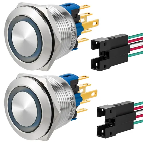 Miniatura 10 de 2 interruptores de botón de cierre de 0.866 in, 7/8 pulgadas, 110 V-120 V, SPDT, interruptor de encendido y apagado, impermeable, IP67, acero Azul
