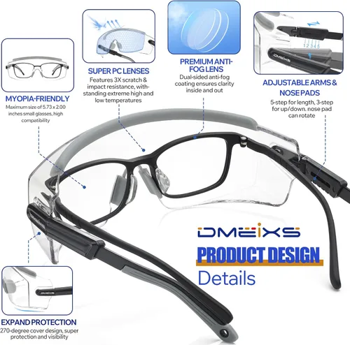 Miniatura 4 de Paquete de 2 lentes de seguridad para colocar sobre gafas con lente antivaho y arañazos, lentes de seguridad ANSI Z87.1, patillas ajustables