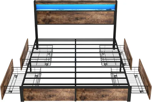 Miniatura 9 de SADENICEL Base de cama de tamaño matrimonial con almacenamiento, plataforma de cama de madera LED con cabecero, 4 cajones, estación de carga,