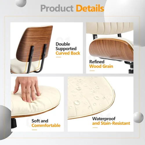 Miniatura 6 de VINGLI Silla de oficina para el hogar con asiento y respaldo curvos anchos sin brazos, silla de escritorio ergonómica con altura ajustable, función