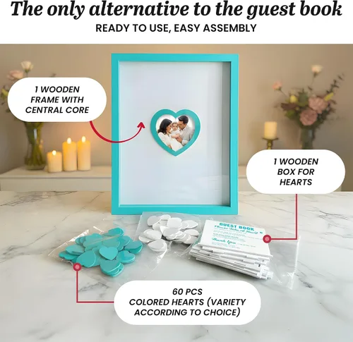 Miniatura 4 de Libro de invitados de boda azul alternativo para recepción con corazones de madera, un marco, decoración de libros, recuerdos para boda, ideas