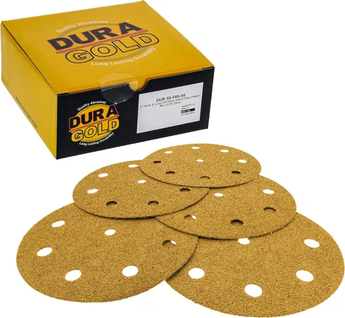 Dura-Gold Discos de lijado dorados de 5 pulgadas de alta calidad, grano 60 (caja de 50), papel de lija con 9 agujeros sin polvo con gancho y bucle
