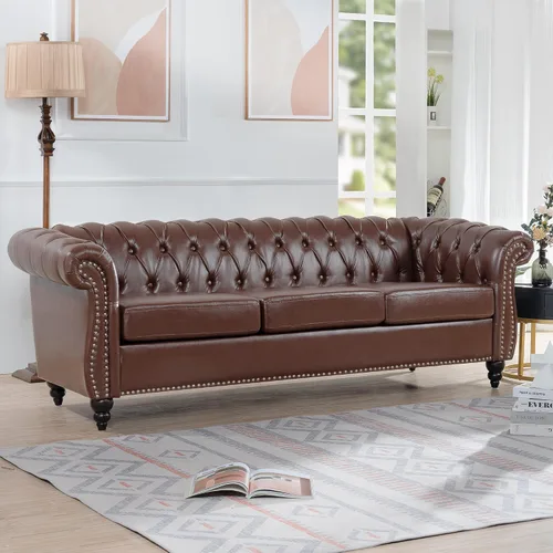 Miniatura 11 de Chesterfield - Sofá tapizado de piel sintética, con respaldo copetudo, sofá clásico de cuero de 3 plazas, brazo enrollado para sala de estar, Marrón