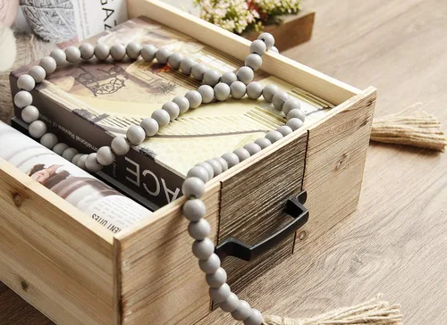 Miniatura 3 de Guirnalda de cuentas de madera de 58 pulgadas con borlas, decoración rústica de granja, decoración de oración bohemia para colgar en la pared (gris)
