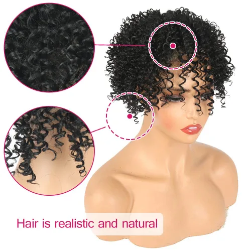 Miniatura 5 de Oseti Peluca de cabello rizado afro negro corto con clip en piezas sintéticas para mujeres con cabello delgado, pelucas negras suaves naturales