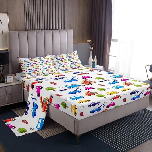 Miniatura 26 de Erosebridal Juego de sábanas de automóvil de dibujos animados para niños, juego de ropa de cama de camiones, tamaño individual, sábana bajera
