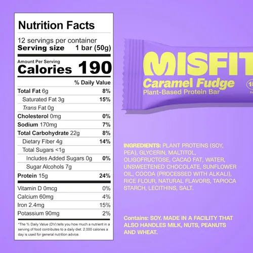 Miniatura 2 de Misfits - Barras de proteínas veganas - Sabor a caramelo y turrón Barras nutricionales - 15 g de proteína, 1 g de azúcar, a base de plantas, bajas