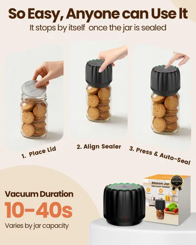 Miniatura 6 de Kit de sellado al vacío de tarros Mason eléctrico mejorado 2026 con tapas Mason de boca ancha y regular, bomba de vacío automática de 80 kpa, Negro