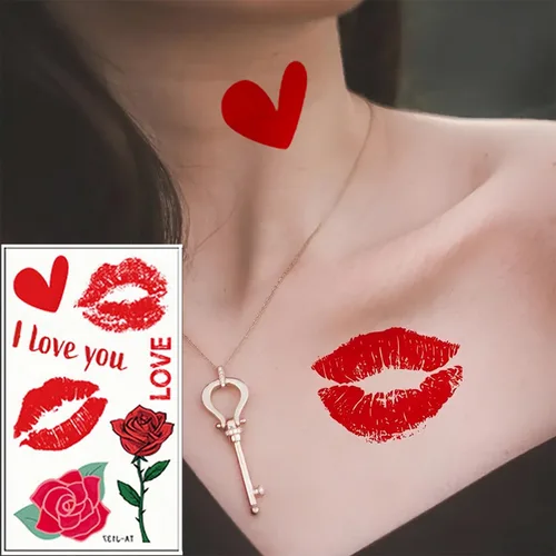 Miniatura 8 de Tatuaje temporal para el día de San Valentín para adultos y niños, tatuajes falsos de labios de corazón rojo, flecha de ángel rosa, calcomanías