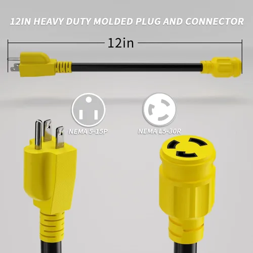 Miniatura 2 de PlugSaf Cable adaptador de generador RV de 3 clavijas de 15 amperios a 30 amperios, enchufe macho NEMA 5-15 a enchufe hembra NEMA L5-30, cable