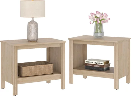 Miniatura 7 de WAMPAT Mesa auxiliar pequeña cuadrada para sala de estar, mesita de noche de madera de 2 niveles con estante de almacenamiento para dormitorio, Negro