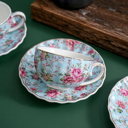 Miniatura 6 de Agyiuns Taza de té y platillos, tazas de té floral de 6.4 onzas con borde dorado, taza de té de porcelana, tazas de café capuchino espresso con Azul