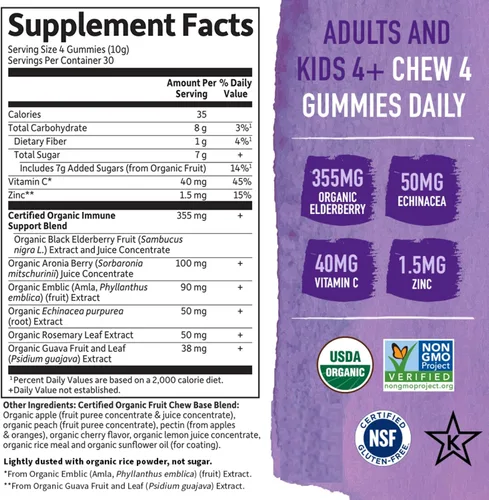 Miniatura 4 de Garden of Life Paquete de apoyo inmunológico: Gomitas de saúco orgánicas con equinácea, zinc 120 unidades + Gomita inmunológica para niños 60