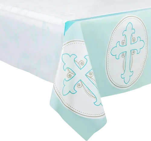 ROYAL BLUEBONNET Mantel de bautismo azul – Juego de 2 decoraciones de fiesta de bautismo para niños, mantel de Pascua de plástico para mesa de 6 u 8