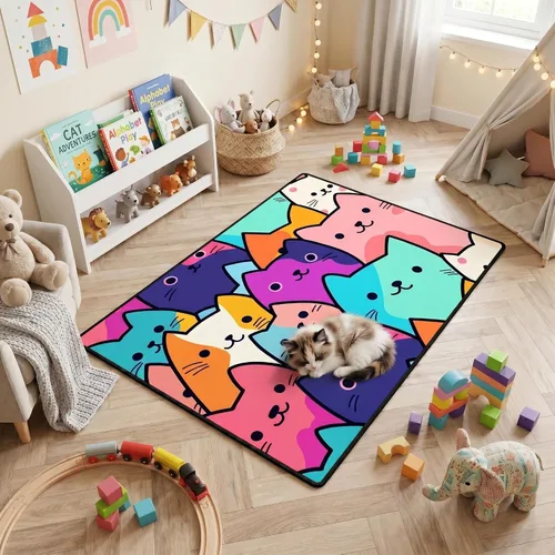 Miniatura 42 de Alfombra de gato para habitación de niñas, diseño de dibujos animados, decoración para dormitorio, bonita alfombra de área de gatos, alfombras