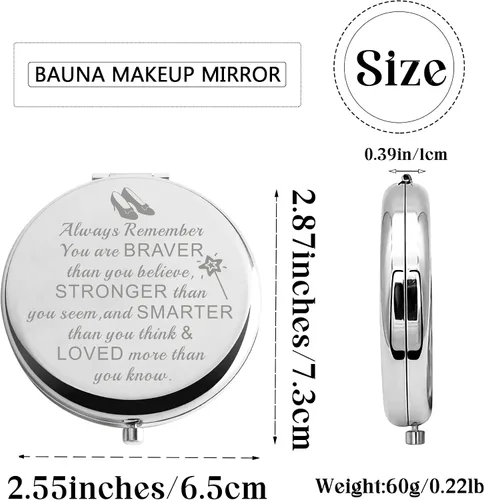 Miniatura 3 de BAUNA Always Remember You are Braver Than You Believe - Espejo de maquillaje de bolsillo inspirador para mujer (color acero con espejo en ancho)