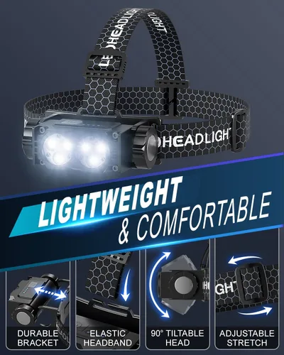 Miniatura 7 de Linterna frontal recargable, 2 unidades, 4500 L, luz súper brillante, LED, recargable con luz blanca, lámpara de cabeza impermeable con diadema