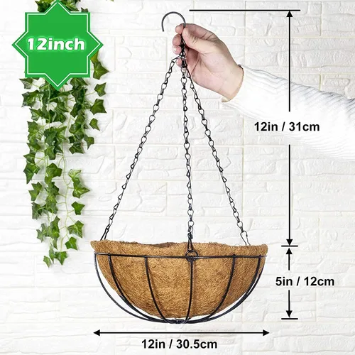 Miniatura 2 de GWY Cestas colgantes para macetas, 3 paquetes de 12 pulgadas, soporte de alambre de metal para plantas con forro de coco y cadena negra para colgar