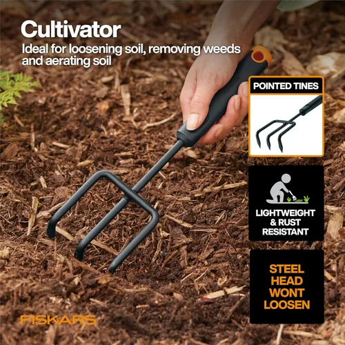 Miniatura 3 de Fiskars Juego de herramientas de jardín de verduras con tijeras de verduras, sembrador de semillas, paleta, cultivador, desbrozadora y guantes