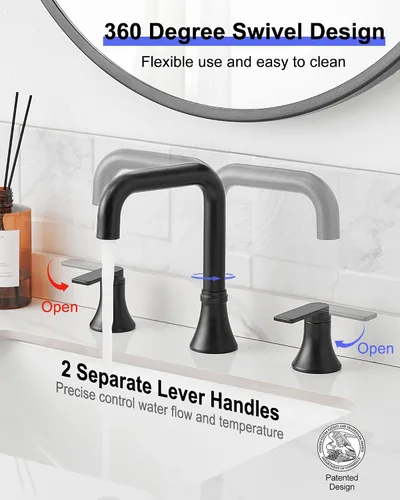 Miniatura 2 de Grifo de baño negro generalizado de 360 grados giratorio para fregadero de 3 agujeros de 4 a 10 pulgadas, 2 manijas con drenaje desplegable