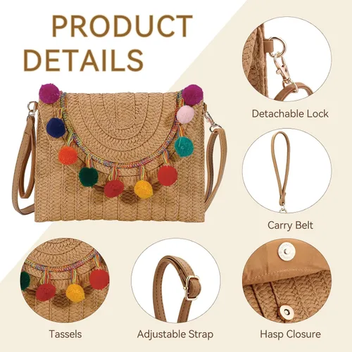 Miniatura 3 de YYW Bolso de paja con paja, bolso de hombro de paja para mujer, para verano, playa, crucero, sobre, embrague, bolsa de rafia