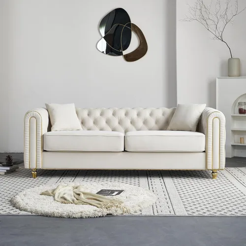 Miniatura 19 de KEIKI Sofá Chesterfield de terciopelo con botones capitoné de 87 pulgadas con cojines de espuma de alta densidad, moderno sofá de 3 plazas con Negro