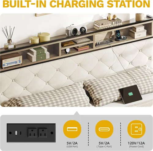 Miniatura 5 de DWVO Base de cama tamaño Queen con estación de carga, cama de plataforma tapizada con cabecera de almacenamiento, listones de metal resistentes,
