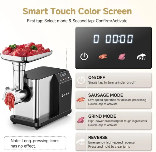 Miniatura 2 de AAOBOSI Picadora de carne eléctrica de 3000 W máx. con pantalla táctil a color, inversión automática y almacenamiento integrado, 3 ajustes