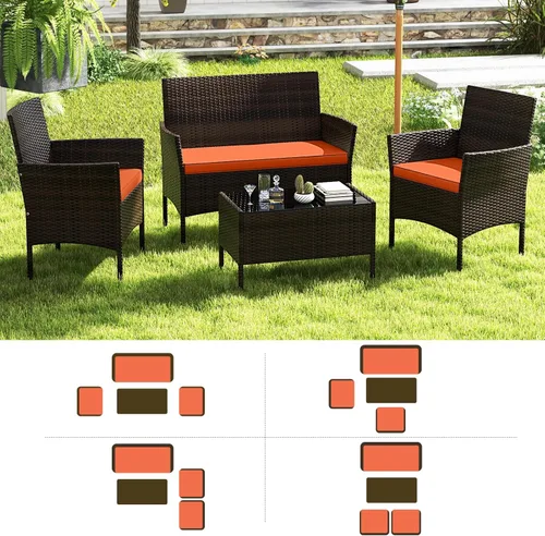 Miniatura 7 de RELAX4LIFE Juego de muebles de patio de 4 piezas – Juego de muebles de ratán para conversación al aire libre con cojines, mesa de centro de cristal