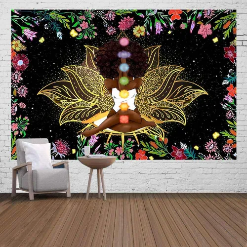 Miniatura 13 de Ine Ive Tapiz de chakra africano, mujer afroamericana, tapices de meditación zen, 40 x 30 pulgadas, cielo estrellado, flores, jardín, inspirador