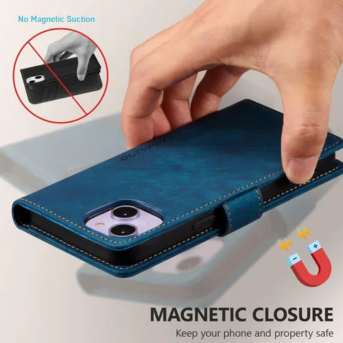 Miniatura 4 de QLTYPRI Funda para iPhone 13, funda de piel sintética con cierre magnético, soporte para tarjetas, función atril, a prueba de golpes, funda Azul